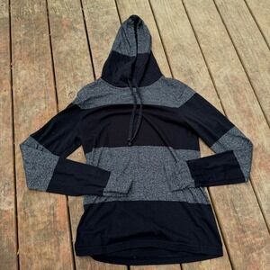 Prince & Fox Mens XS Striped Long Sleeve Hooded T-Shirt Black Charcoal Grey